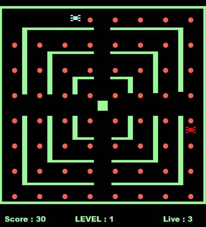 Dodge 'Em maze game showing the score, level and lives