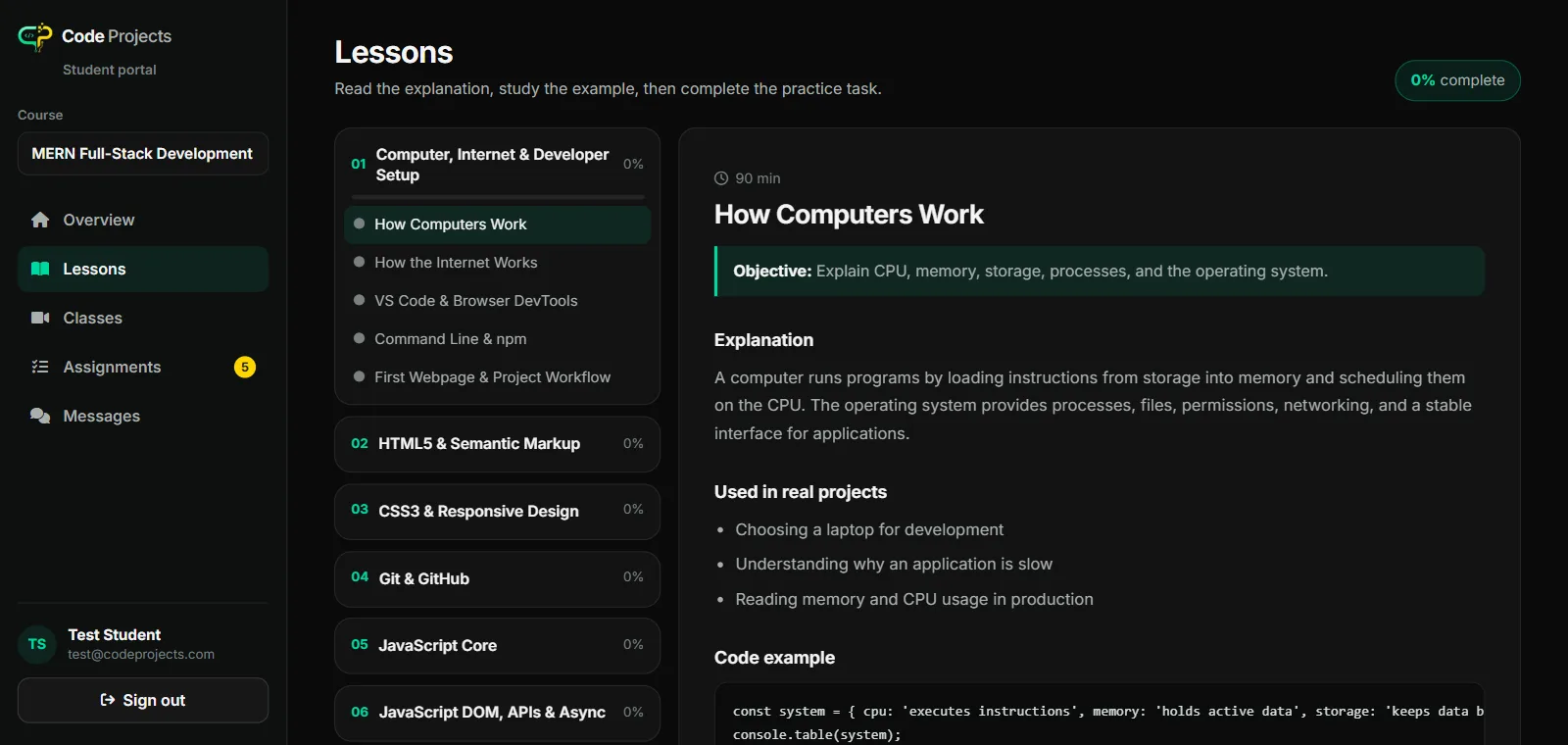 Lessons view with modules, objectives, code examples and practice tasks