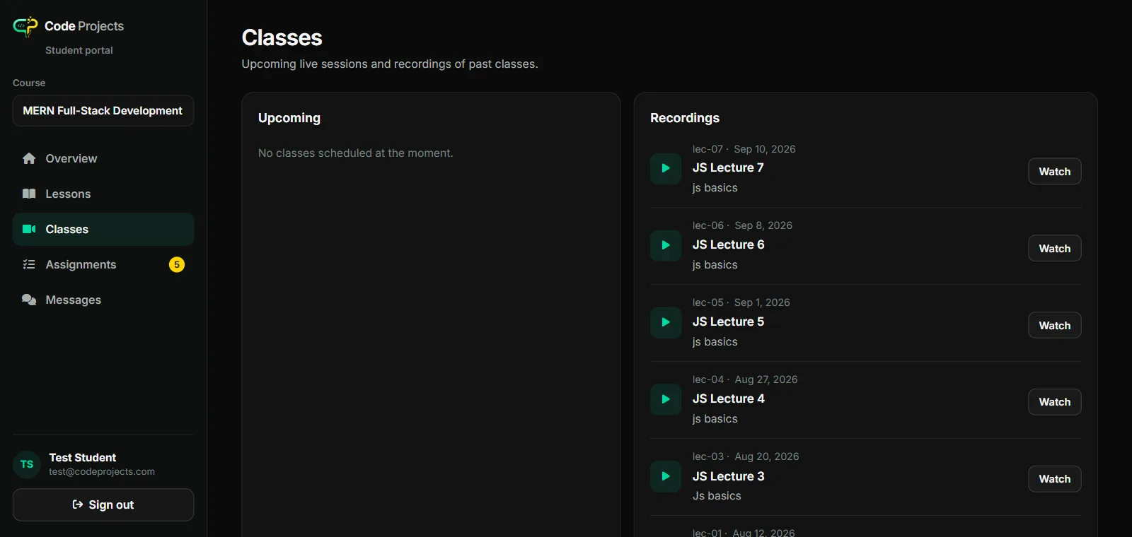 Classes view with upcoming live sessions and lecture recordings