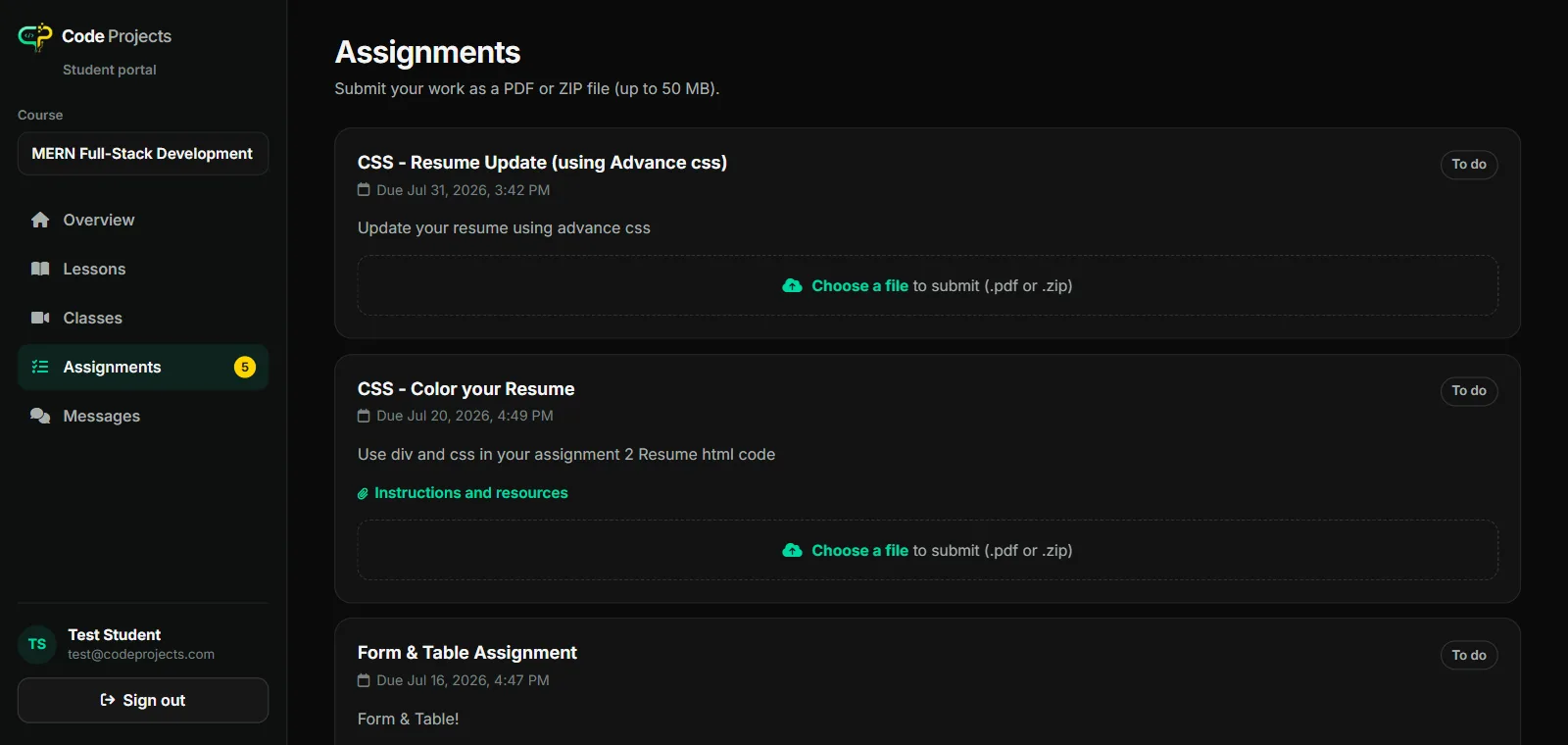 Assignments with due dates and PDF or ZIP submission