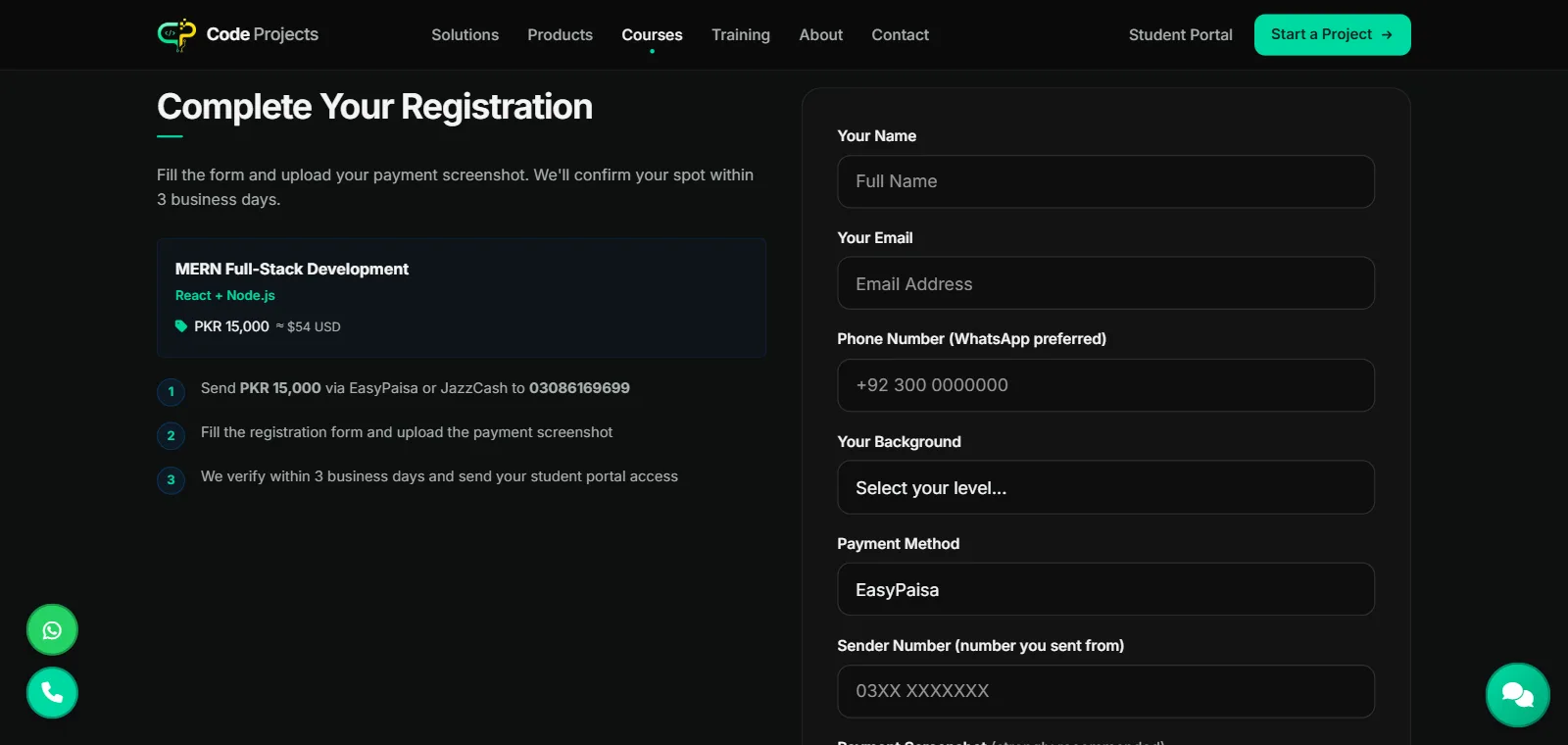 Course registration form with payment method and payment-proof upload