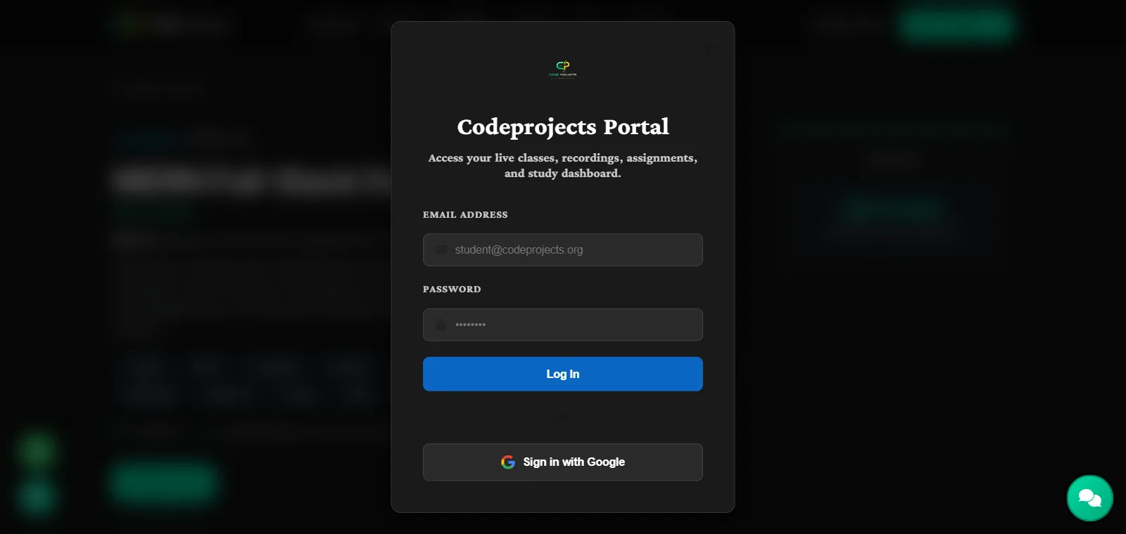 Student portal sign-in with email or Google