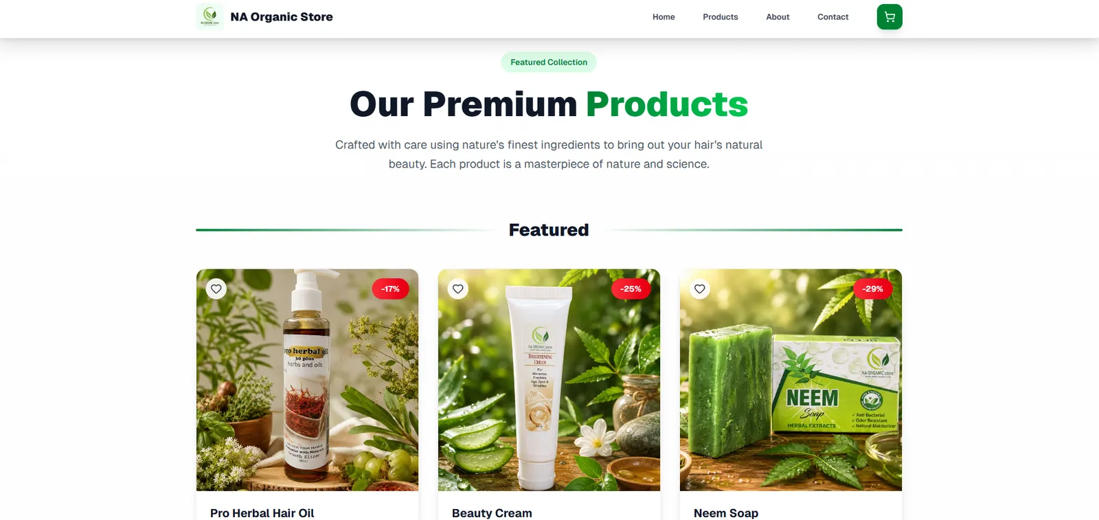 Featured products section with discount badges