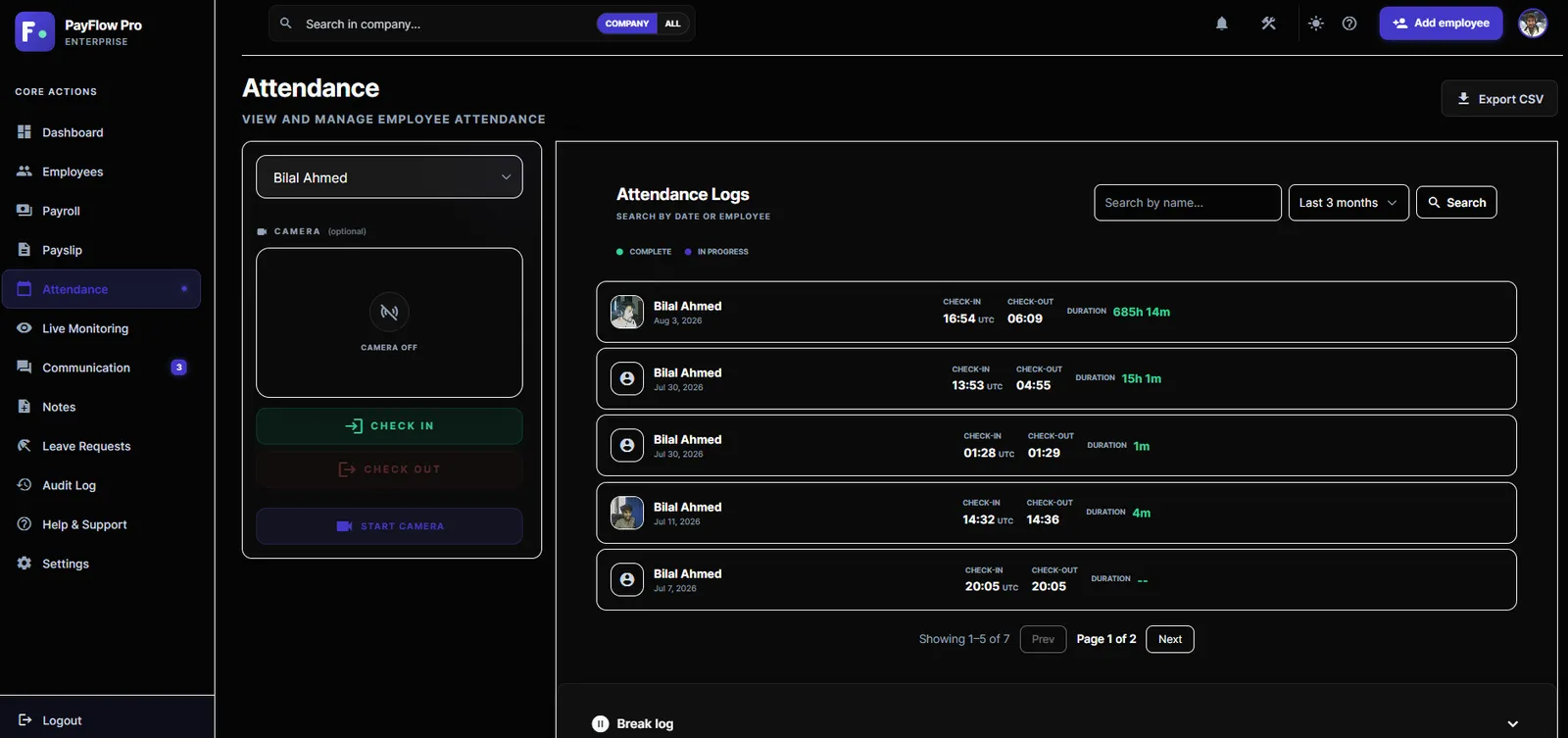 Attendance with camera check-in, check-out and attendance logs