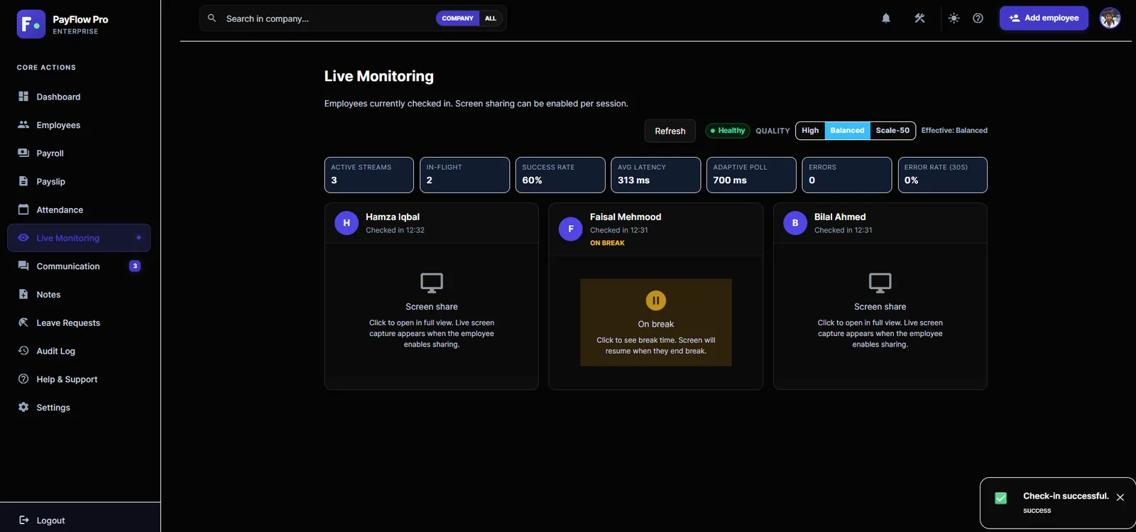 Live monitoring of checked-in employees