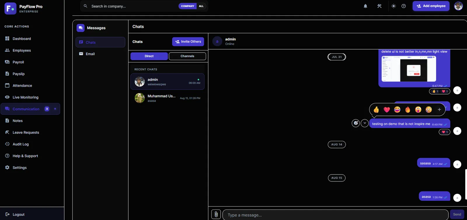 Team messaging with direct chats, channels and reactions