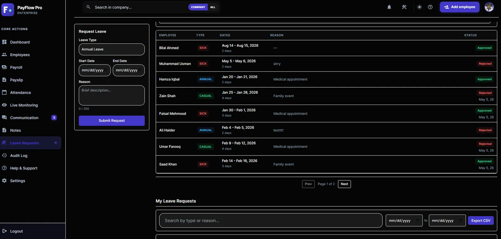 Leave requests with approval status and CSV export
