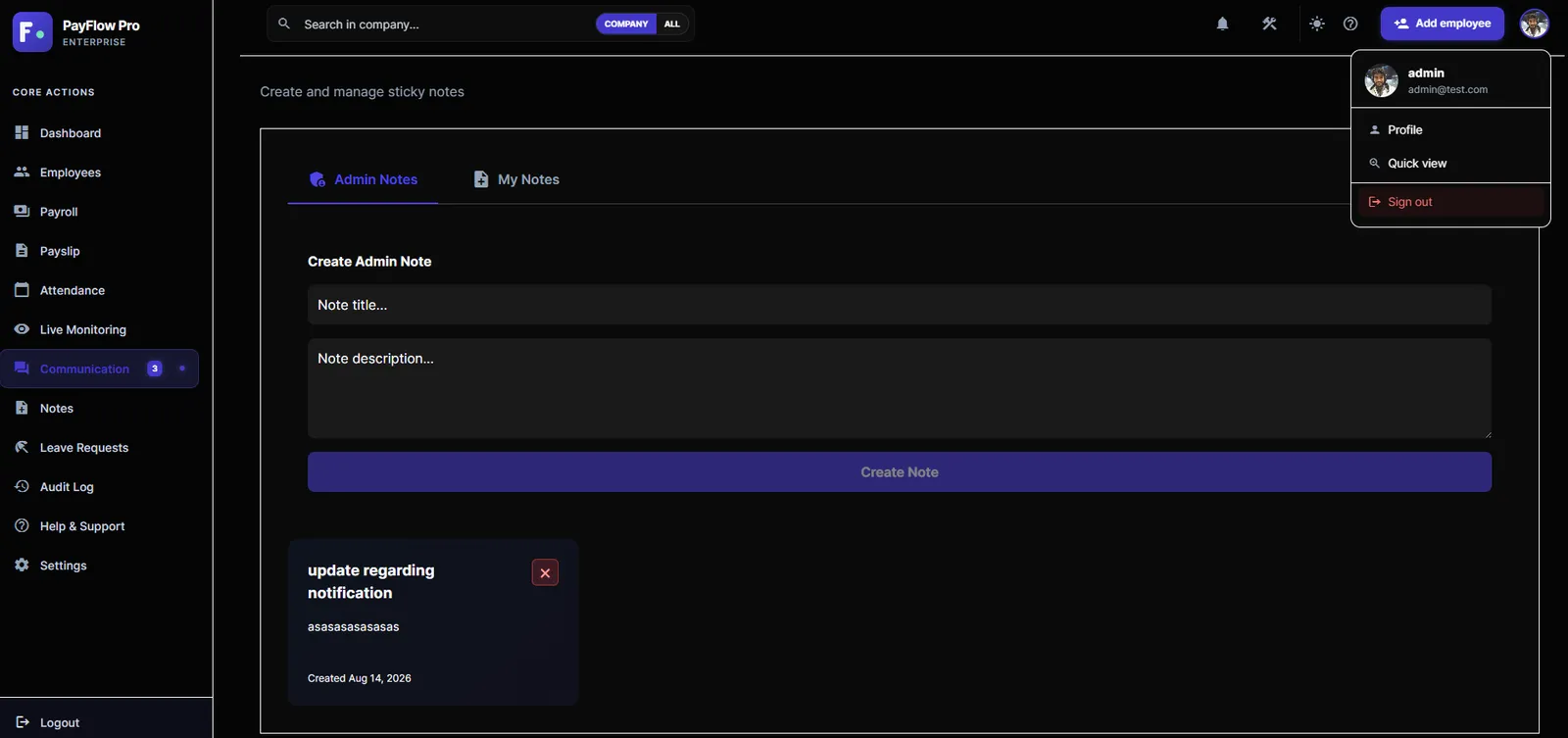 Notes utility for admin and personal notes