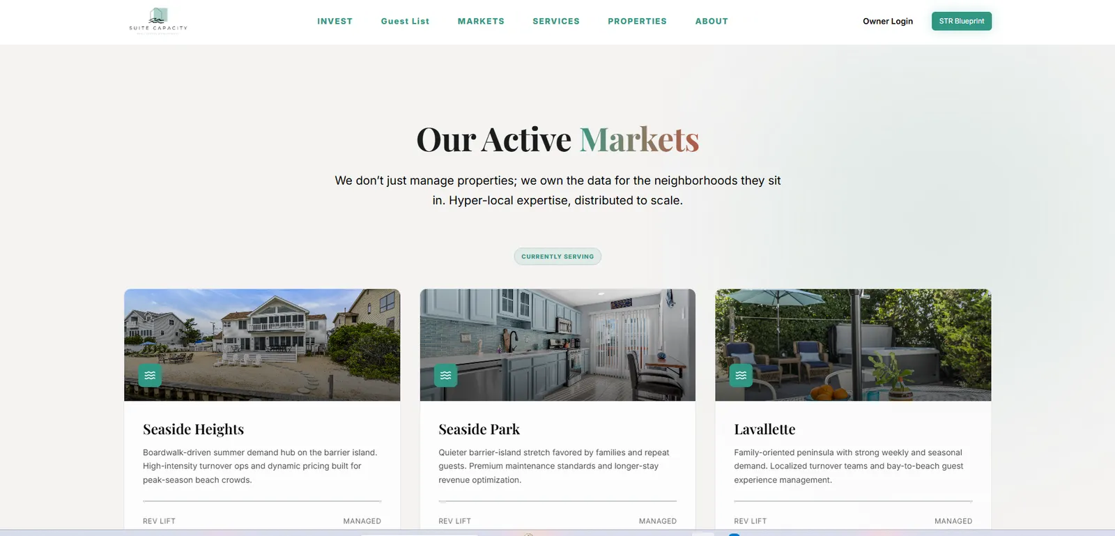 Active markets page with a card for each area served