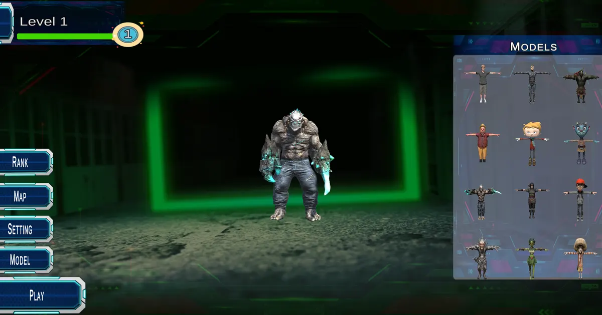 Unity character customization screen with a selected character and a grid of models